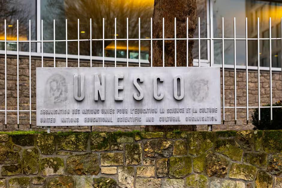 UNESCO logo on the fence of the organization's headquarters in Paris
